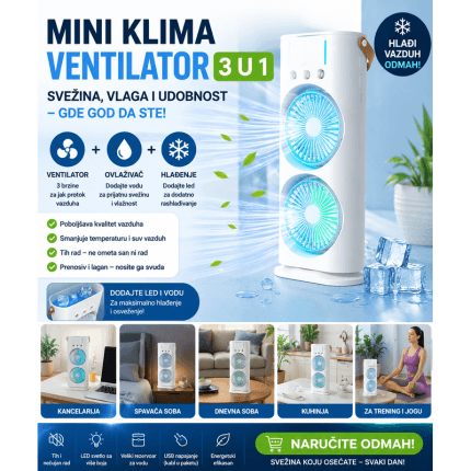 dvozonski mini klima ventilator 3u1 za radni sto