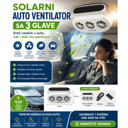 Solarni Auto Ventilator sa 3 Glave – Svež vazduh u autu, čak i dok ste parkirani! ☀️🚗