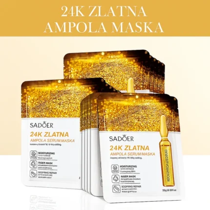 24K Zlatna Ampula Maska – Luksuzna nega za duboku hidrataciju, sjaj i umirenje kože 1+1 Gratis