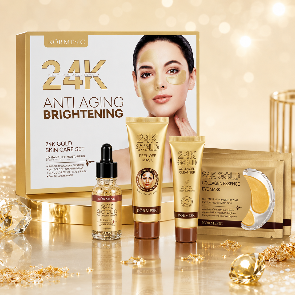 24K Zlatni Set za Negu Lica – Serum, Čistač, Peel-Off Maska i Maska za Oči