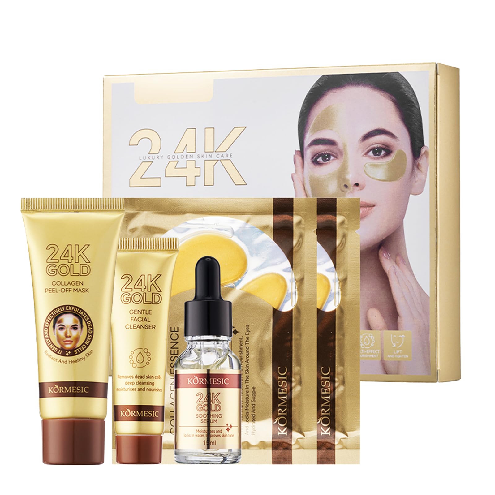 24K Zlatni Set za Negu Lica – Serum, Čistač, Peel-Off Maska i Maska za Oči - slika 2