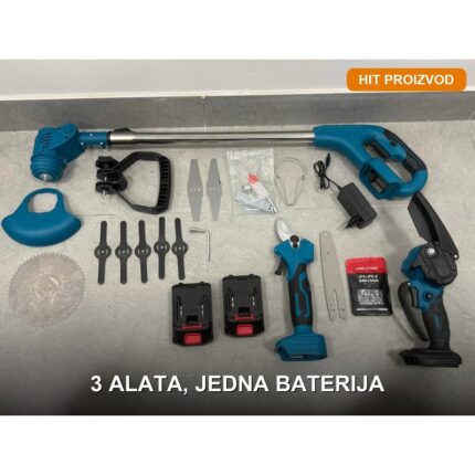 Aku makaze, testera i trimer set 3 u 1 — bežični alat za baštu na bateriju - prednja strana