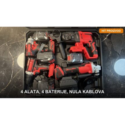 Aku Set 4u1 — Bušilica, Brusilica i Udarni Odvijač sa 4 Punjive Baterije