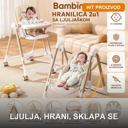 Bambino Hranilica za Bebe sa Ljuljaškom – Sklopiva, Podesivi Naslon, Tacna i Točkići