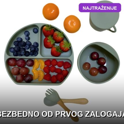 Dečiji silikonski pribor za jelo — set sa tanjirima, kašičicama i podlogom