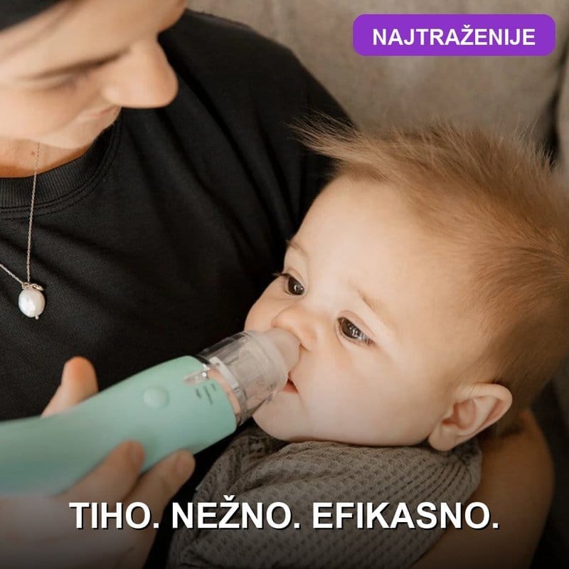 Električni aspirator za nos za bebe — tih i nežan Električni aspirator za nos za bebe sa silikonskim nastavcima i USB kablom za punjenje