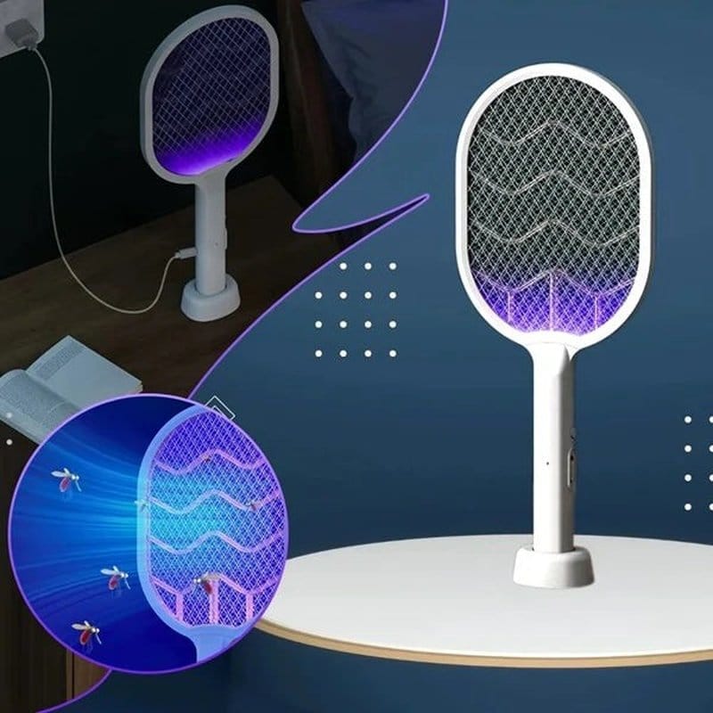 UV lampa na električnom reketu za komarce — automatski privlači i eliminiše insekte tokom noći