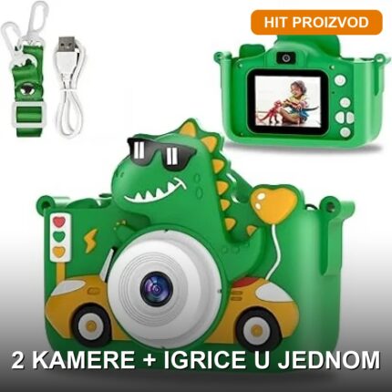 Fotoaparat za Decu Dinosaurus u Autu — Zeleni, Displej 2.0", Selfi Kamera i Igrice
