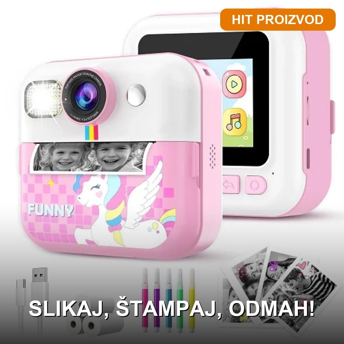Fotoaparat za decu Jednorog CP02 sa blicem i instant štampačem Fotoaparat za decu sa štampačem i blicem — model CP02 Jednorog roze boje na beloj pozadini