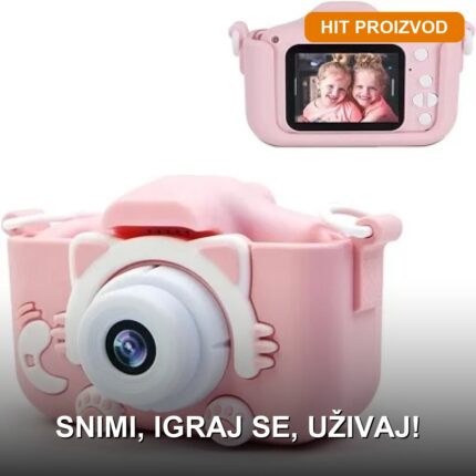 Fotoaparat za Decu Roze sa Ušima — Dvostruka Kamera, Ekran 2 inča, Igrice