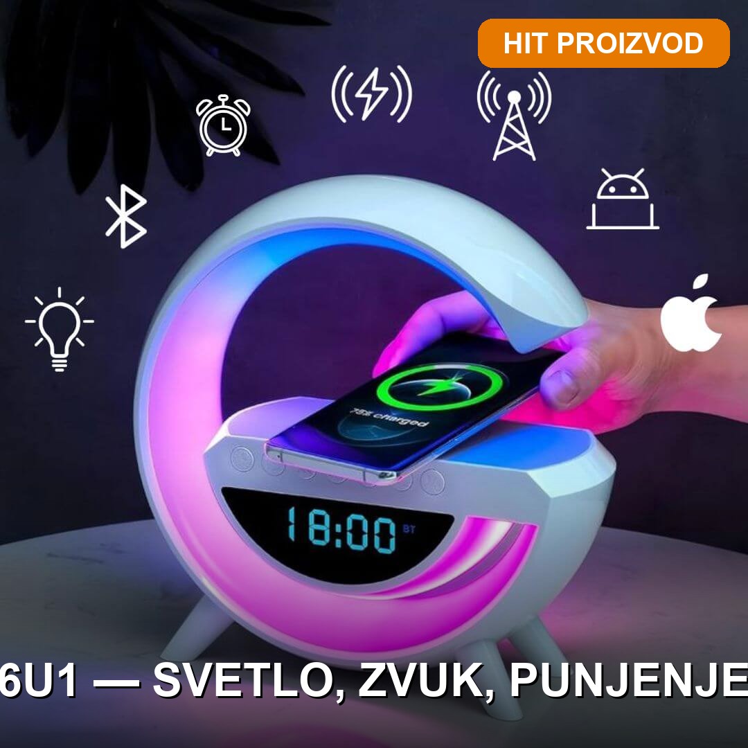 G LED Lampa 6u1 — Bluetooth Zvučnik, Punjač 15W, Sat i RGB Svetlosni Efekti