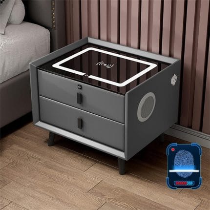 Pametni Noćni Stočić sa Otključavanjem na Otisak Prsta, Bežičnim Punjenjem, Bluetooth Zvučnikom i LED Osvetljenjem – Dark Grey - galerija