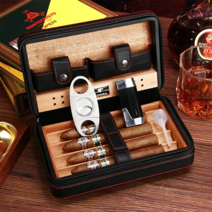 COHIBA Kožni Humidor Set za Putovanje – Španска Kedrovina, Crna/Braon
