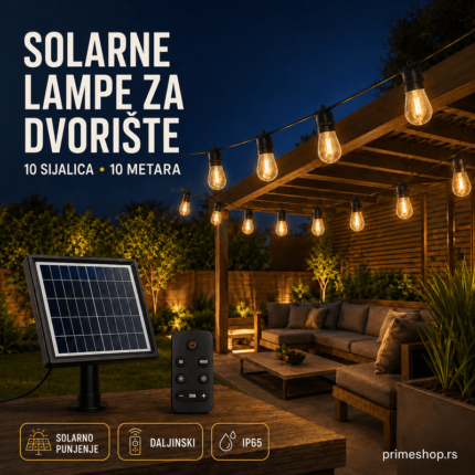 Solarne Lampe za Dvorište 10m – 10 Sijalica sa Odvojenim Panelom i Daljinskim
