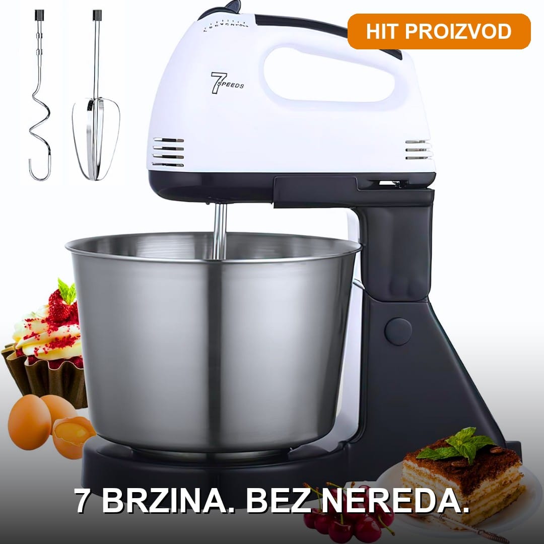 mikser-sa-metalnom-posudom-2l-7-brzina-glavna.jpg Ručni Mikser sa Metalnom Posudom 2L — 7 Brzina, 300W, Nerđajući Čelik