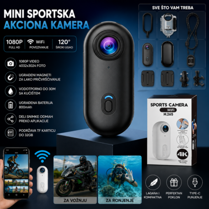Mini Akciona Kamera 1080P WiFi – Sportska Kamera sa 120° Objektivom