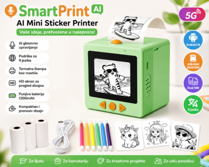 SmartPrint AI Mini Termalni Štampač Nalepnica – Prenosivi sa HD Ekranom
