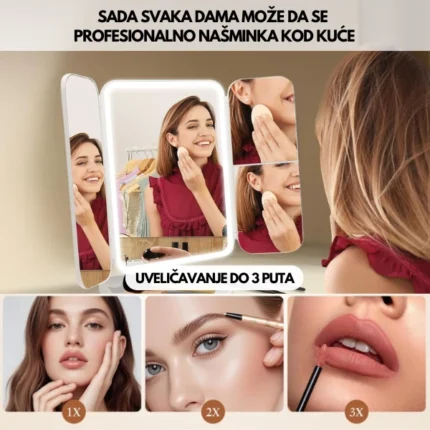MiraBeauty Ogledalo sa LED Svetlom za Šminkanje — USB-C, 3× Uveličanje