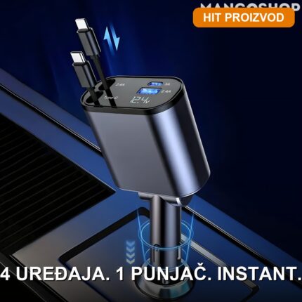 Pametni auto punjač 4u1 sa uvlačivim kablovima — 60W superbrzo punjenje za sve uređaje