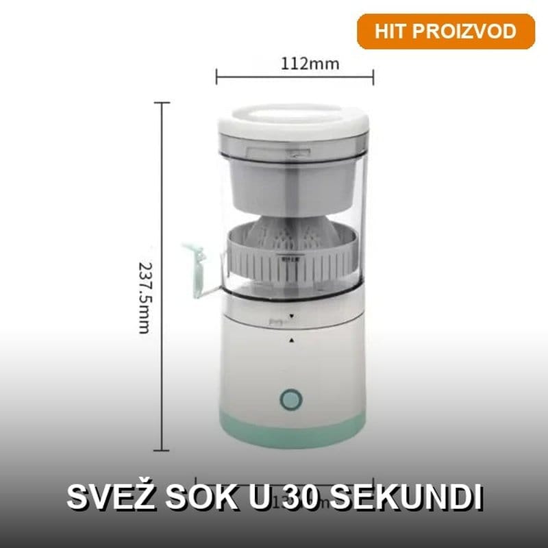 Prenosivi električni sokovnik — TehnoLider Prenosivi električni sokovnik sa svežim voćem pored — kompaktan blender za sok u pokretu
