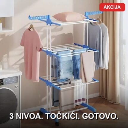 Sklopivi stalak za sušenje veša na 3 nivoa sa točkićima – Metalni sušač za stan, balkon i dvorište