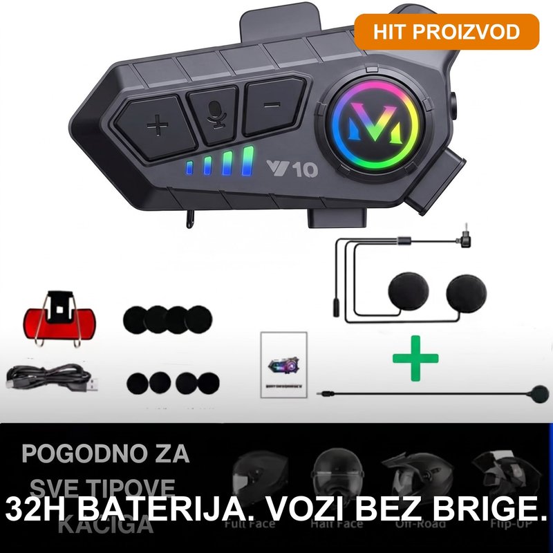 V10 Pro Intercom Bluetooth Slušalica za Kacigu — 32h Baterija, IPX6 Zaštita