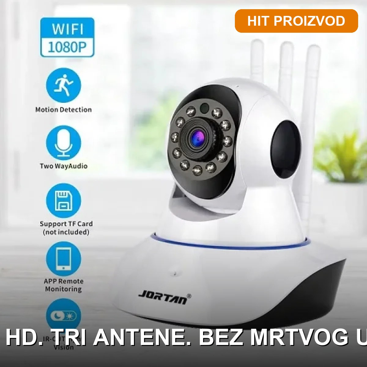 WiFi Kamera sa Rotirajućom Glavom i Tri Antene – Full HD 1080p za Unutrašnji Nadzor