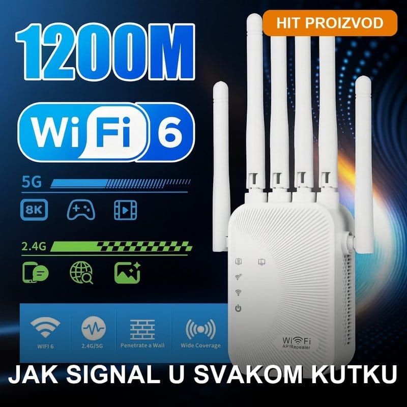 WiFi pojačivač Wi-Fi 6 dual-band sa 6 antena za jak signal u celom stanu