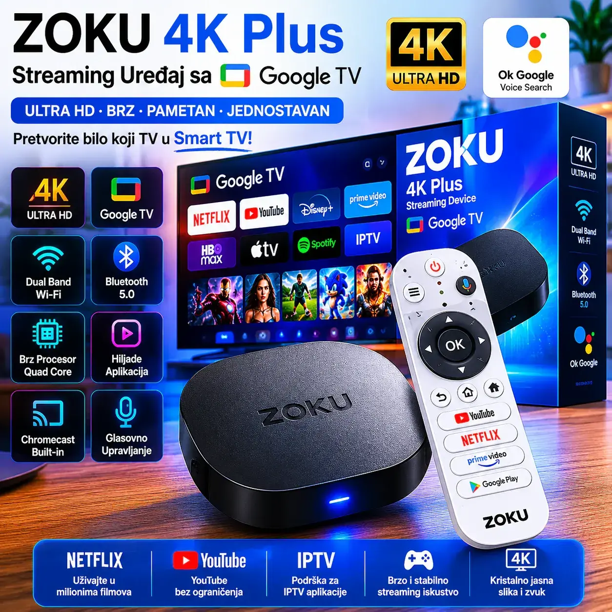 ZOKU 4K Plus Google TV Box – 4K Ultra HD Streaming Uređaj ZOKU 4K Plus Google TV Box – 4K Ultra HD Streaming Uređaj