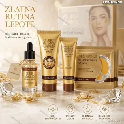 24K Zlatni Set za Negu Lica – Serum, Čistač, Peel-Off Maska i Maska za Oči