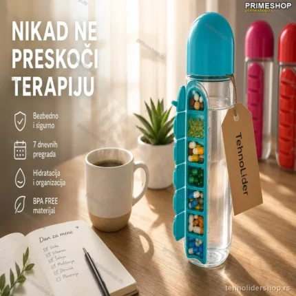 2u1 Flašica za Vodu sa Dnevnim Organizatorom za Lekove