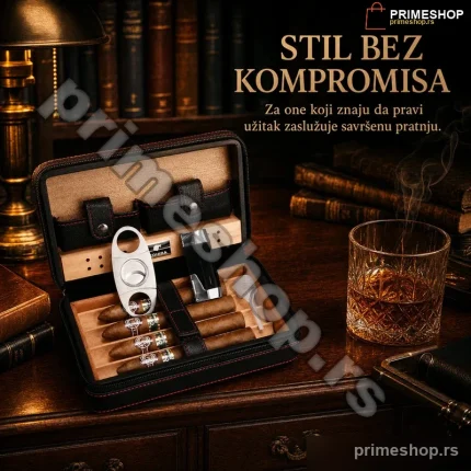 COHIBA Kožni Humidor Set za Putovanje – Španска Kedrovina, Crna/Braon