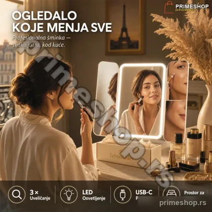 MiraBeauty Ogledalo sa LED Svetlom za Šminkanje — USB-C, 3× Uveličanje