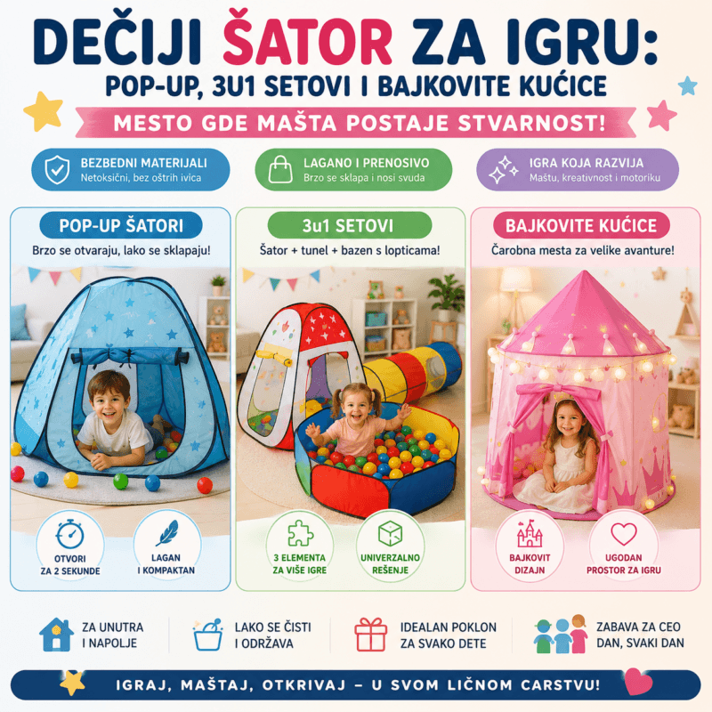 Dečiji šator za igru: pop-up, 3u1 setovi i bajkovite kućice