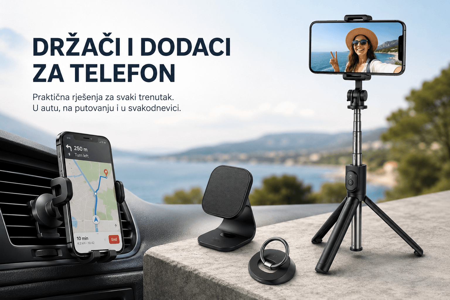 Držači i dodaci za telefon: auto držač, selfie stativ i još
