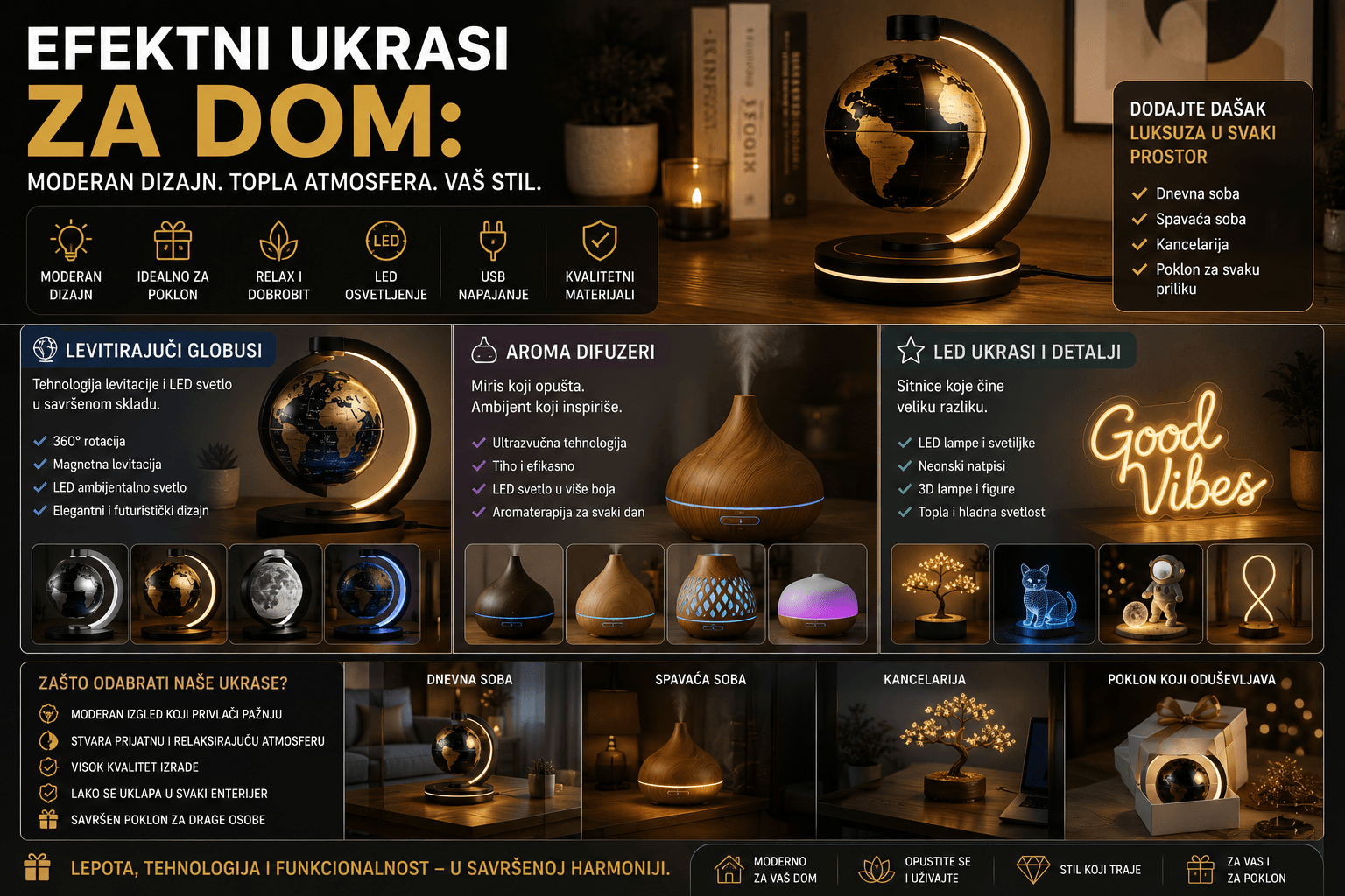 Efektni ukrasi za dom: levitirajući globusi, difuzeri i LED detalji