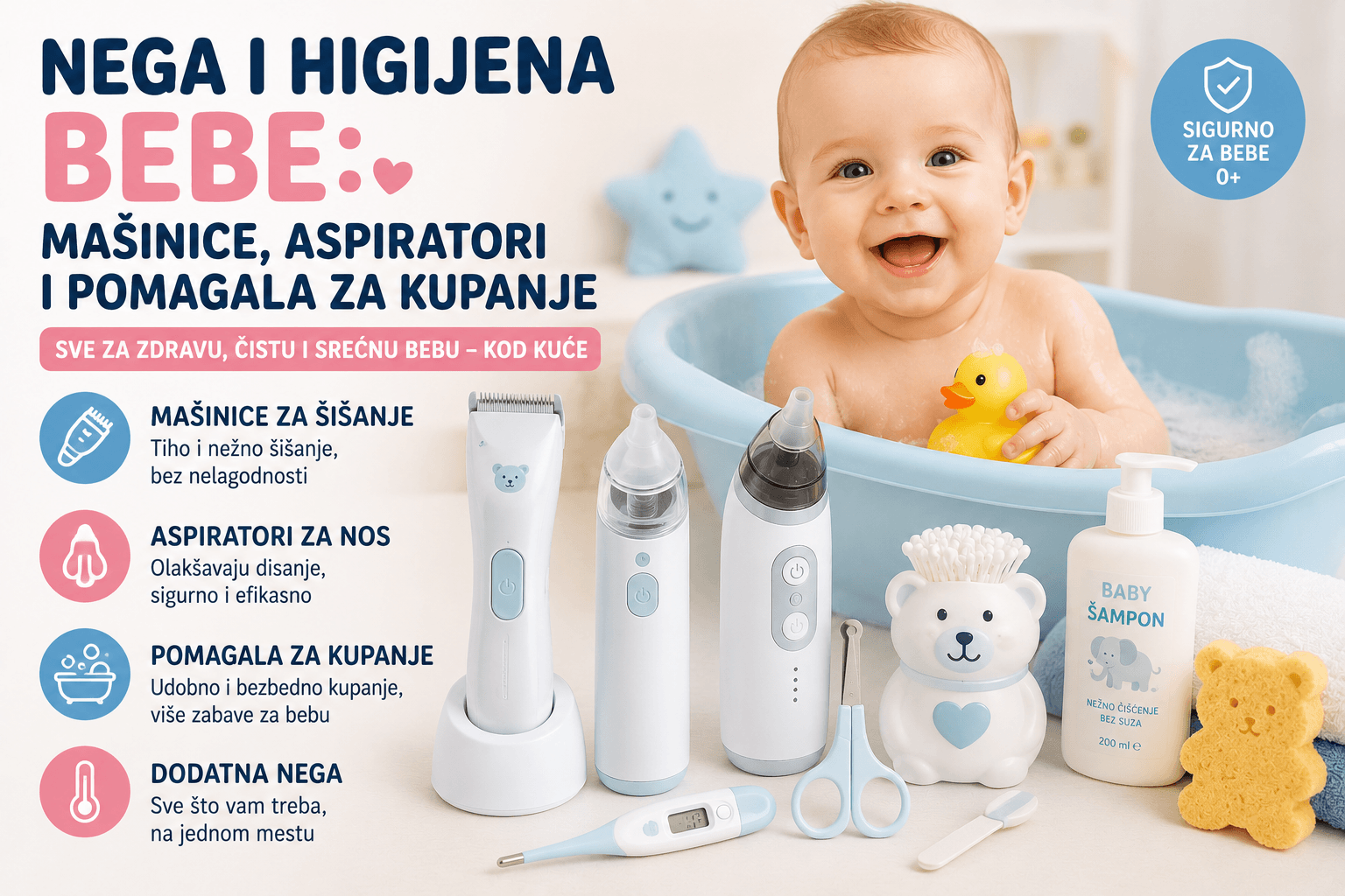 Nega i higijena bebe: mašinice, aspiratori i pomagala za kupanje