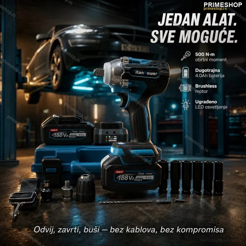 Aku Udarni Odvijač 3-u-1 – Za Točkove, Šrafove i Bušenje (188V / 500 N·m) Aku Udarni Odvijač 3-u-1 – Za Točkove, Šrafove i Bušenje (188V / 500 N·m)