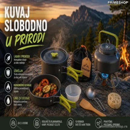 Aluminijumski Set za Kuvanje u Prirodi – 10 Delova sa Torbom