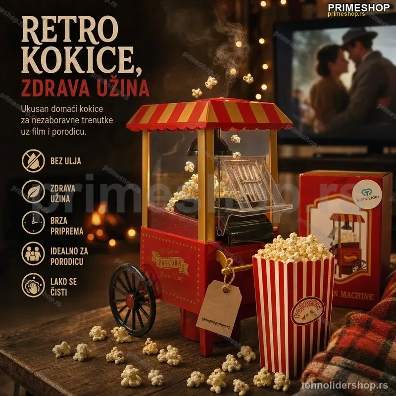 Aparat za Kokice Retro Kolica – Vrući Vazduh, Zdravija Užina Aparat za Kokice Retro Kolica – Vrući Vazduh, Zdravija Užina