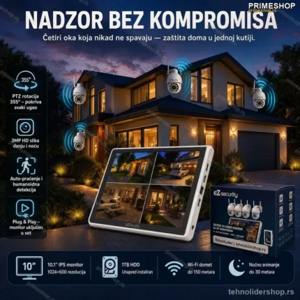 Bežični PTZ Video Nadzor – 4 Kamere 3MP i Monitor 10,1"