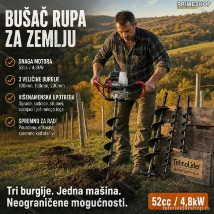 Bušač Rupa za Zemlju sa 3 Burgije — Dvotaktni Motor 52cc / 4,8kW