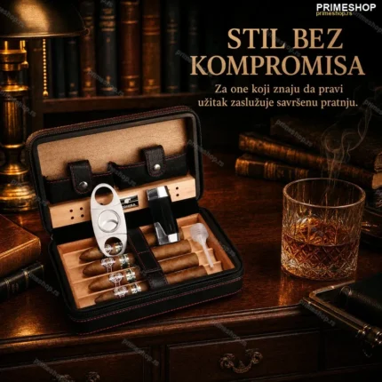 COHIBA Kožni Humidor Set za Putovanje – Španска Kedrovina, Crna/Braon