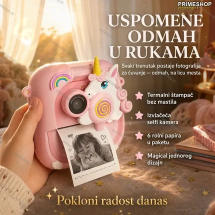 Dečiji fotoaparat jednorog sa štampačem i blicem — roze, termalni štampač, 6 rolni papira