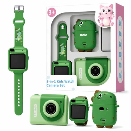 Dečji fotoaparat dinosaurus zeleni — set 3u1 sa pametnim satom