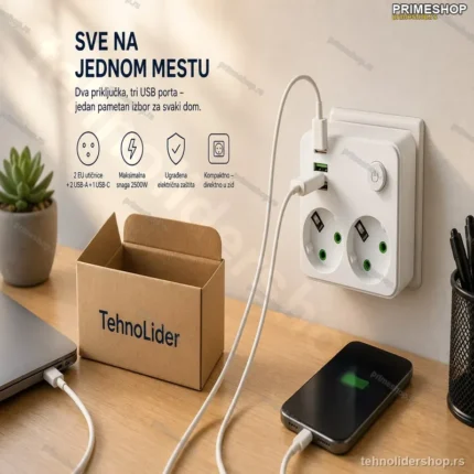 Dupla Utičnica sa 2 USB-A i 1 USB-C Portom – EU Utikač