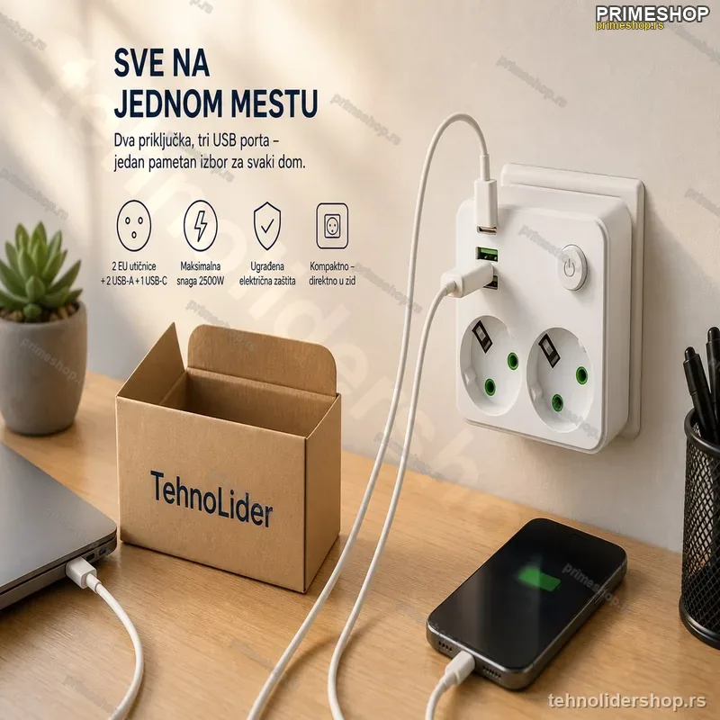 Dupla Utičnica sa 2 USB-A i 1 USB-C Portom – EU Utikač Dupla Utičnica sa 2 USB-A i 1 USB-C Portom – EU Utikač