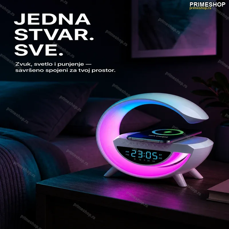 G LED Lampa 6u1 — Bluetooth Zvučnik, Punjač 15W, Sat i RGB Svetlosni Efekti