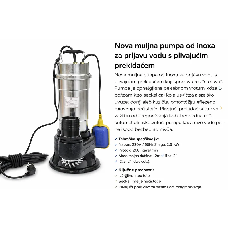 Inox muljna pumpa sa seckalicom i plivajućim prekidačem 2.6kW muljna pumpa - u upotrebi