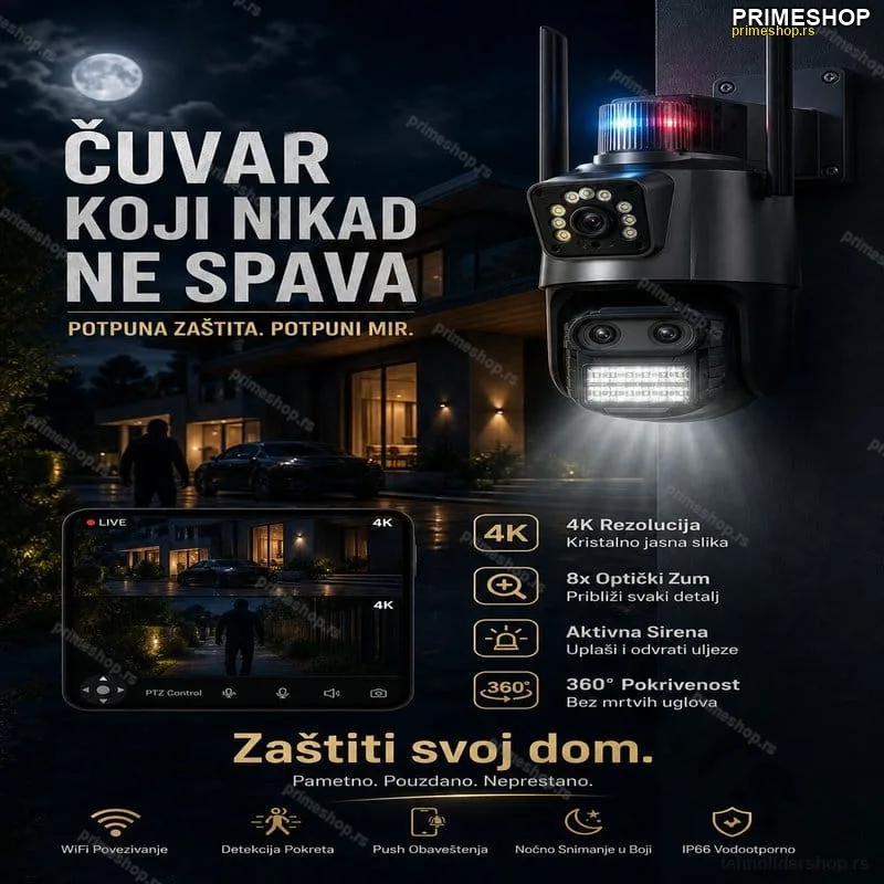 Ip kamera PTZ kamera sa 3 sociva i sirenom 4k 8x zoom